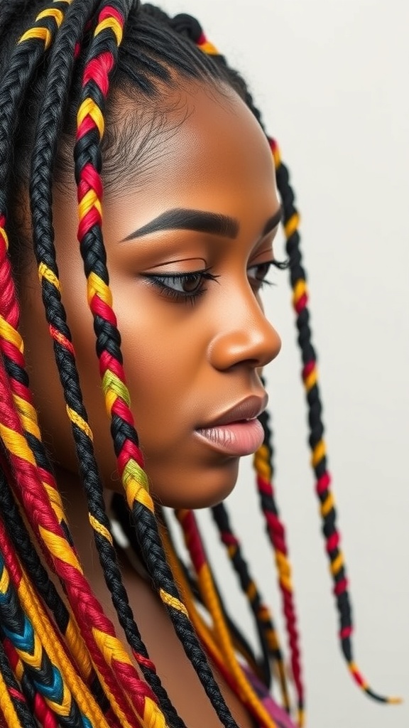 A close-up of a woman with colorful protective braids in black, red, yellow, and blue.