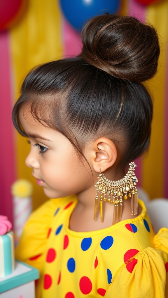 A young girl with a puffed high bun hairstyle and statement earrings, wearing a polka-dotted dress.