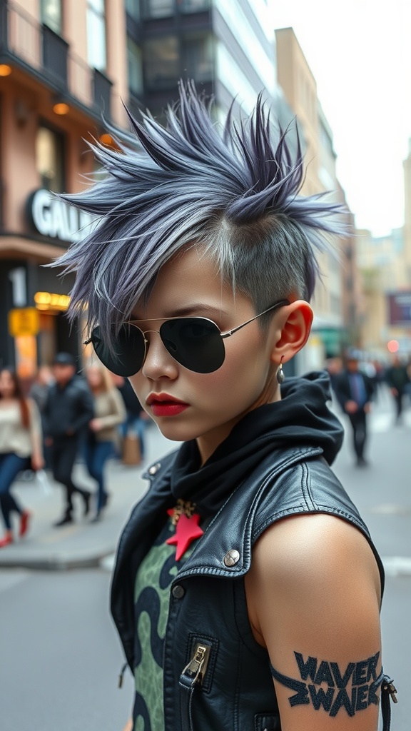 A person with a punk rock pixie cut featuring spiky lavender hair, wearing sunglasses and a leather jacket.
