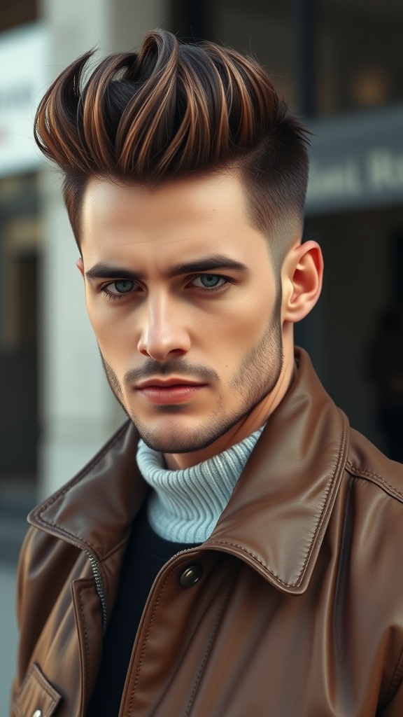 A man with a voluminous quiff hairstyle, wearing a brown leather jacket and a light sweater.