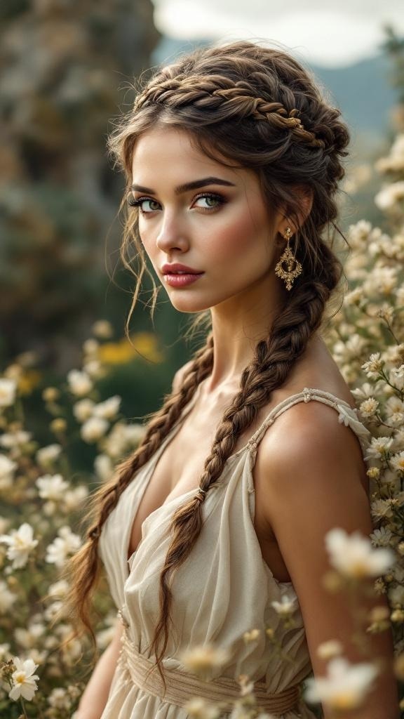 A woman with a braided crown hairstyle surrounded by flowers, exuding elegance.