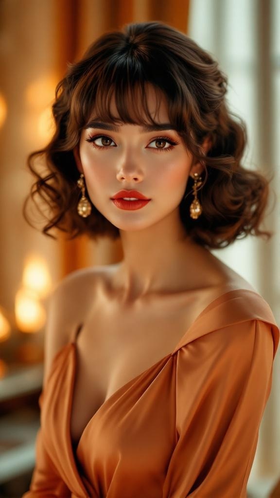 A woman with refined curtain bangs and soft curls, wearing an elegant outfit.