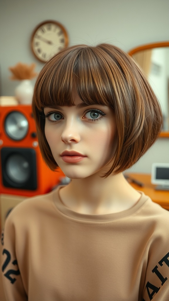 A young woman with a retro-inspired shag hairstyle featuring curtain bangs, looking stylish and modern.