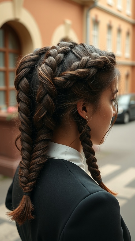 A woman with retro baby braids styled with volume, wearing a black blazer.