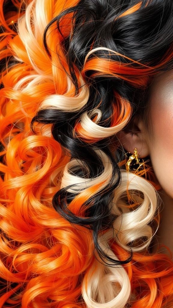 A close-up of vibrant retro calico hairstyle featuring orange, black, and white curls.