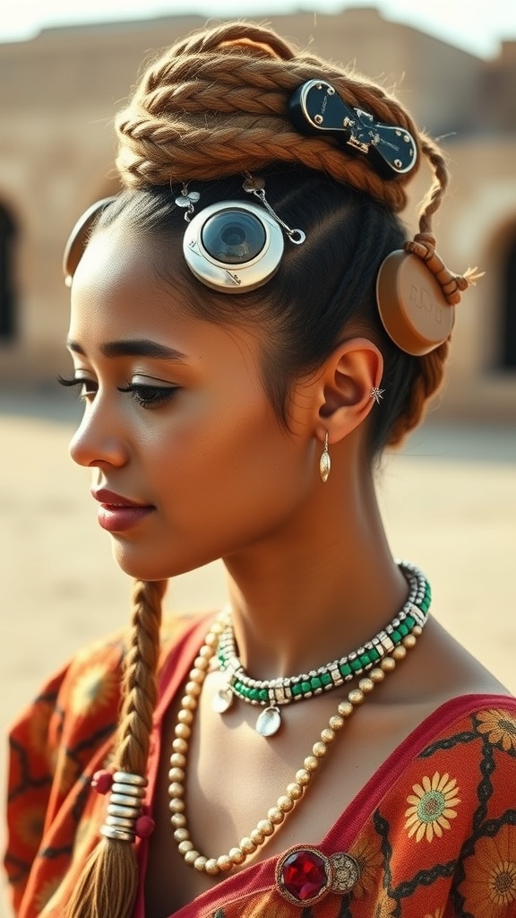 A woman with retro Fulani braids, adorned with decorative hair accessories and jewelry.