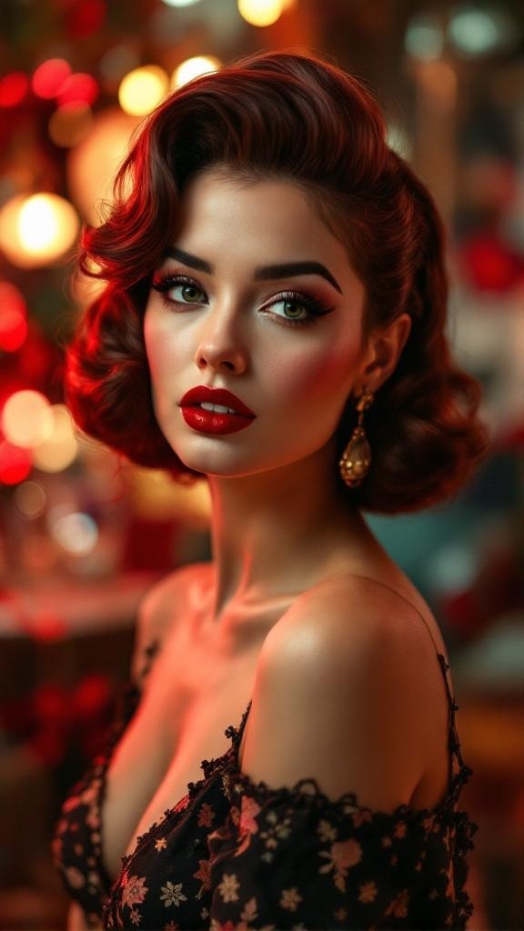 A woman with retro pin-up hairstyle and red lipstick, set against a festive background.