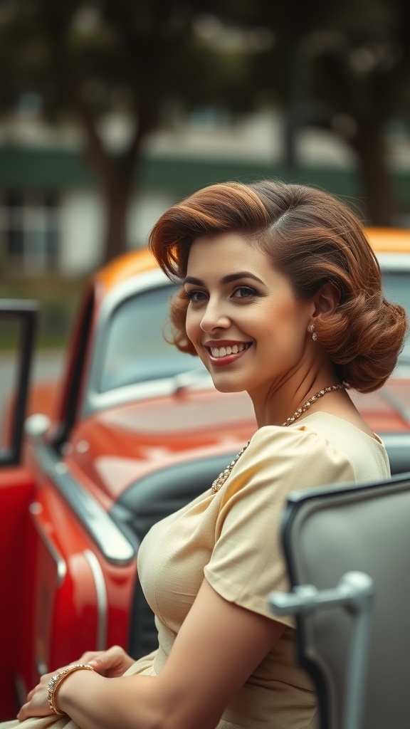 A woman with retro waves hairstyle sitting by a classic car, showcasing vintage glamour.