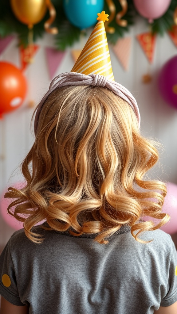 A child with golden curls wearing a headband and a party hat, celebrating a birthday.