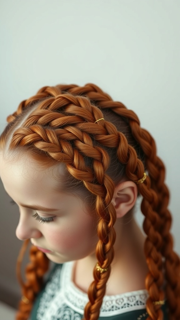 Close-up of rich auburn braids with gold accessories