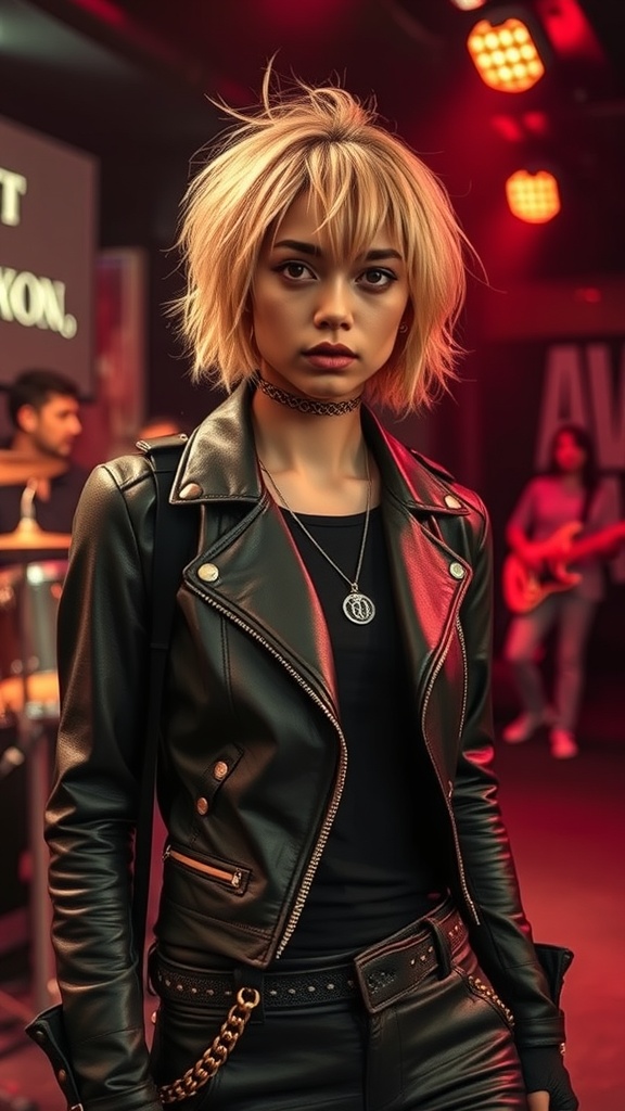 A model with short shaggy hair wearing a leather jacket, exuding a rock chic vibe.