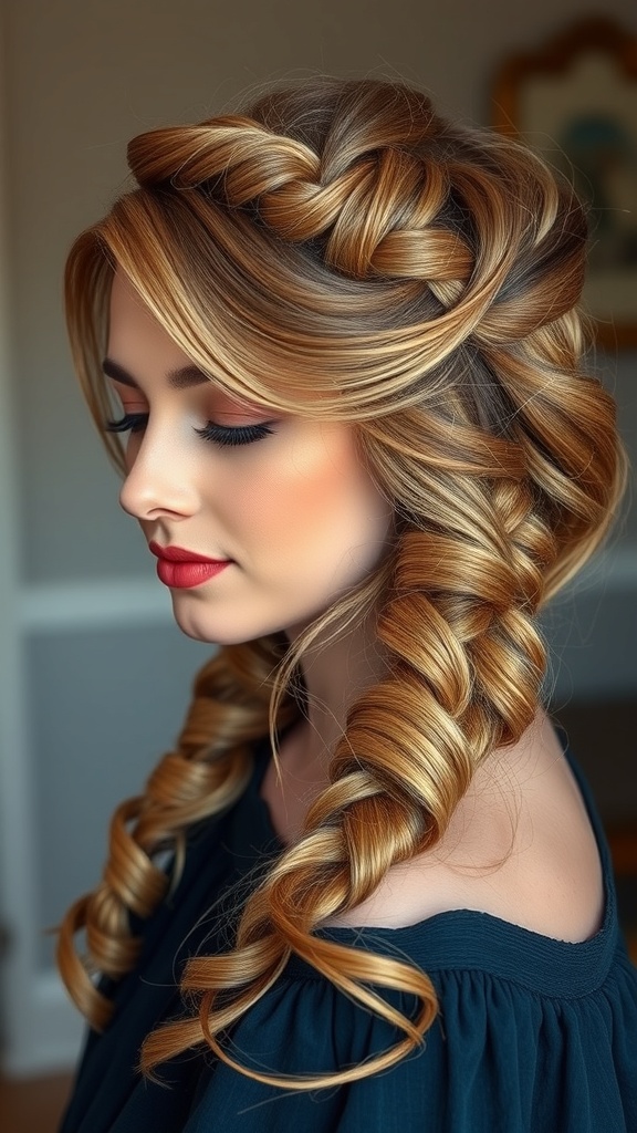 A beautiful hairstyle featuring romantic baby braids and soft curls, showcasing intricate braiding and flowing curls.
