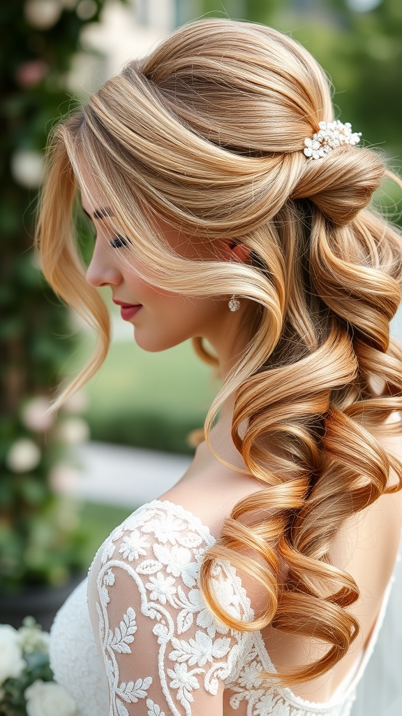 A woman with long, wavy hair styled in a romantic half-up half-down hairstyle, adorned with a floral hair accessory.