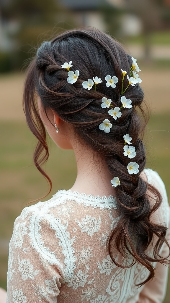 A romantic loose braid adorned with small white flowers, showcasing a casual yet elegant hairstyle.