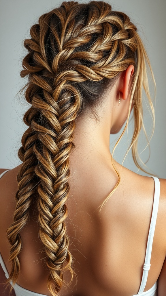 A close-up of two loose braids styled elegantly on a woman's hair, showcasing a romantic hairstyle.