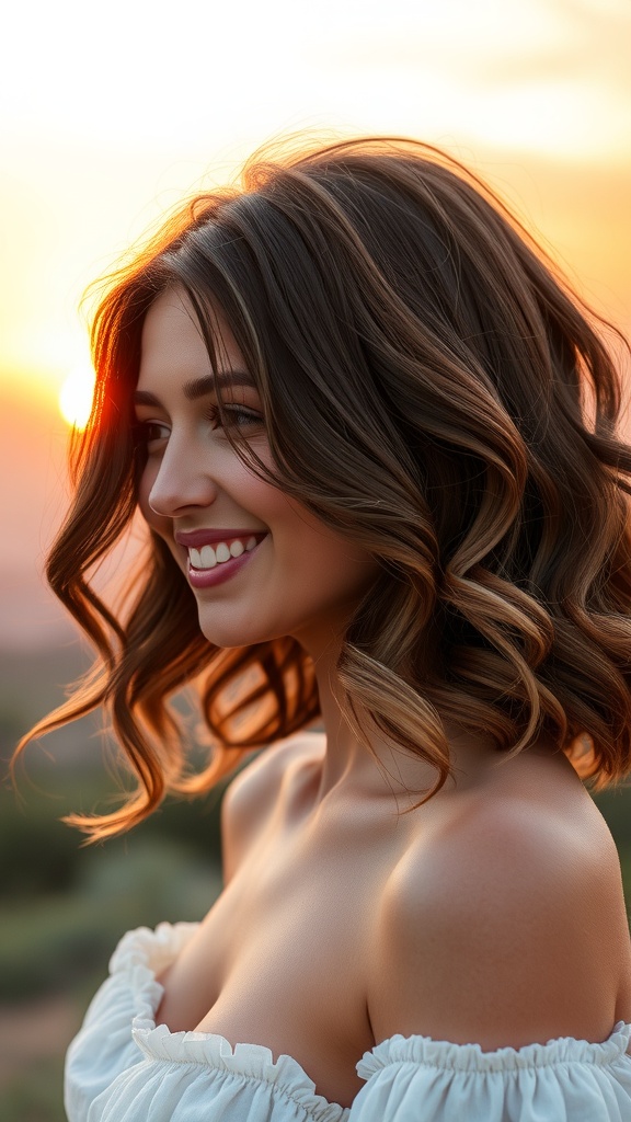A person with shoulder-length hair styled in romantic loose curls, set against a sunset background.
