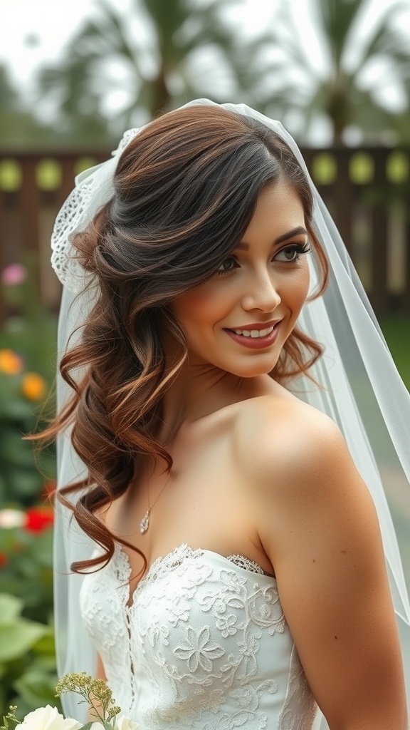 A bride with loose curls and a veil, smiling in a garden setting.