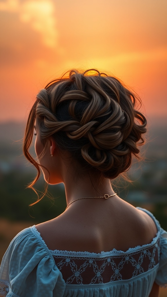 A woman with a romantic loose updo hairstyle, showcasing long hair against a sunset backdrop.