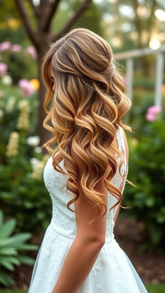 Bride with loose waves hairstyle, wearing a white dress in a garden setting