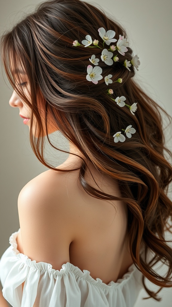 A woman with loose waves and flowers in her hair, showcasing a romantic hairstyle.