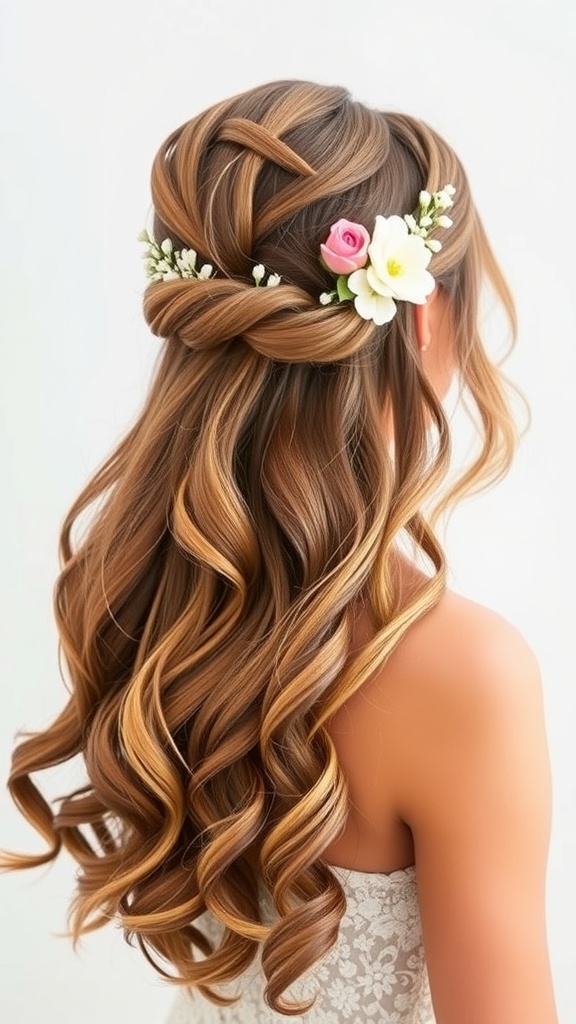 A hairstyle featuring romantic loose waves adorned with flowers.