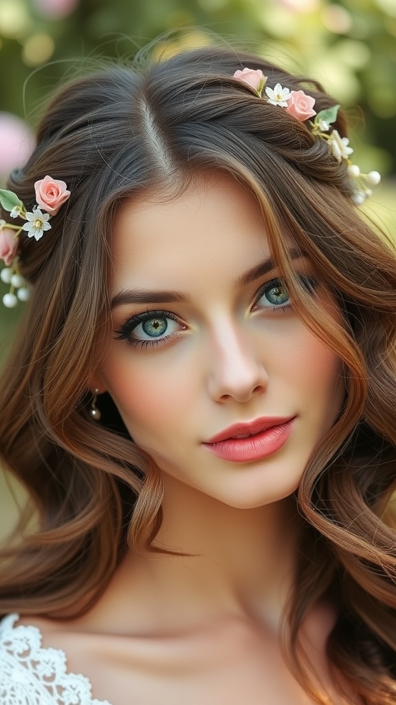 A young woman with loose waves and floral accessories in her hair, showcasing a romantic prom hairstyle.