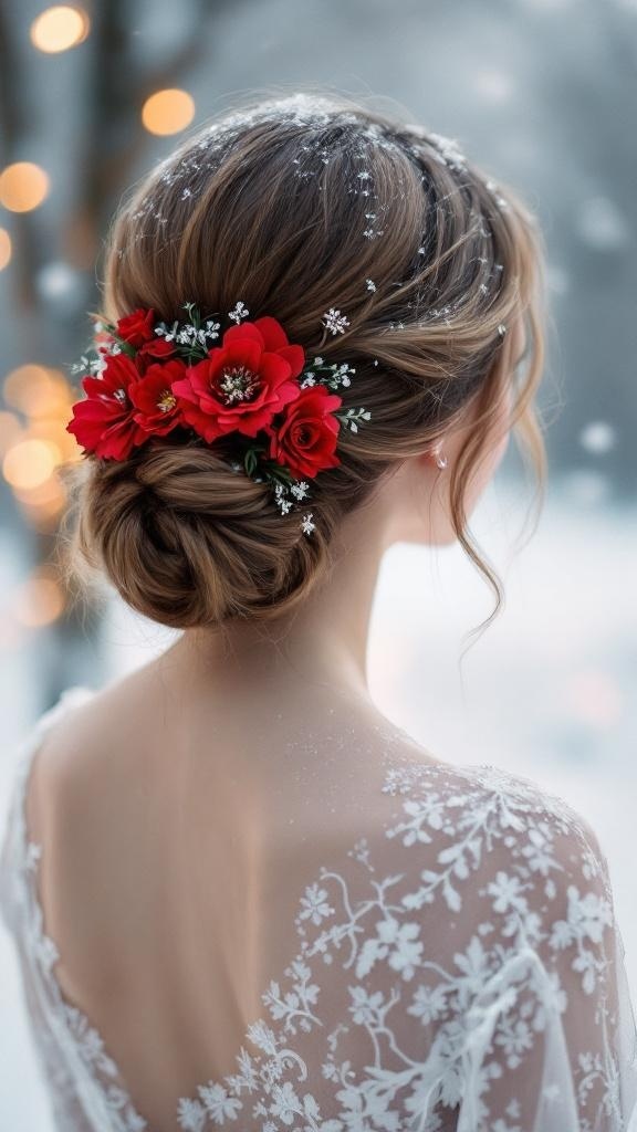 A romantic low bun hairstyle adorned with red flowers, set against a snowy background.