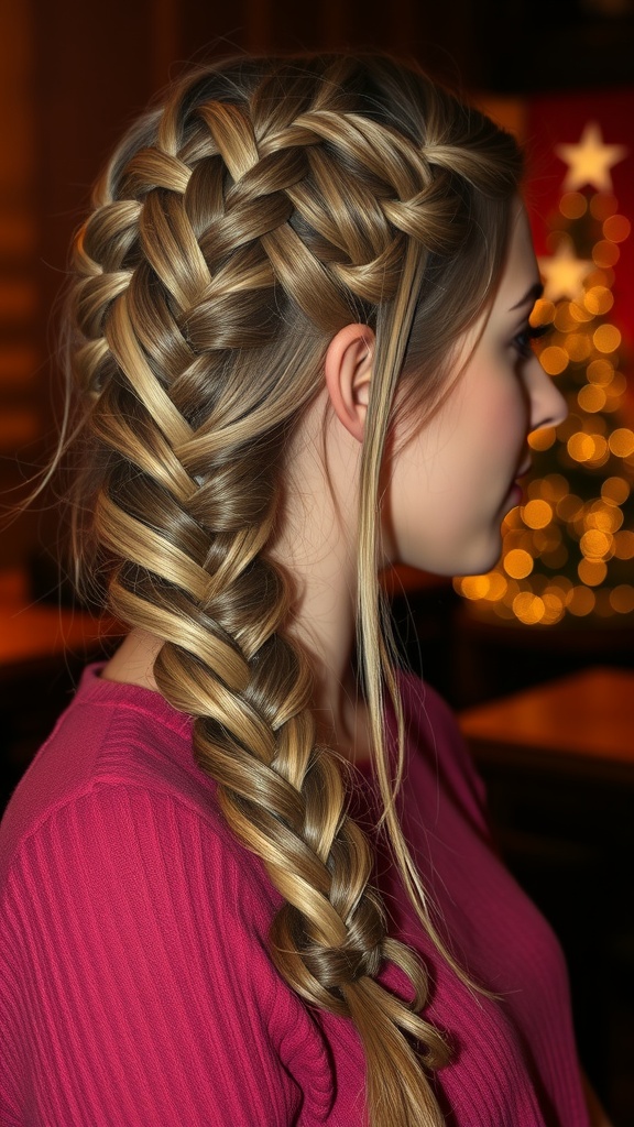 A romantic side braid hairstyle, showcasing intricate braiding on a woman with light brown hair, set against a softly lit background.