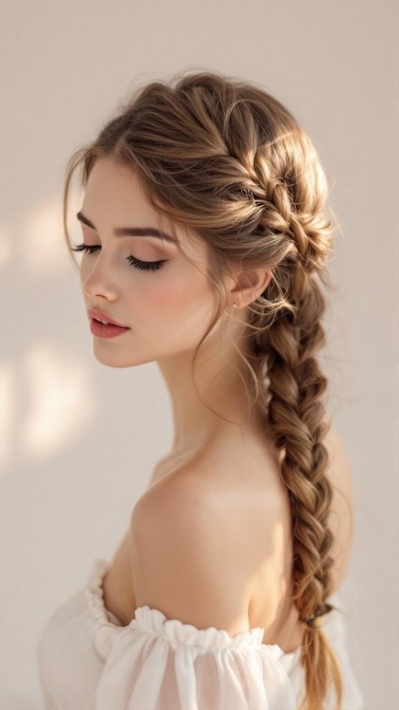 A young woman with a romantic tucked side braid hairstyle, showcasing soft waves and a polished look.