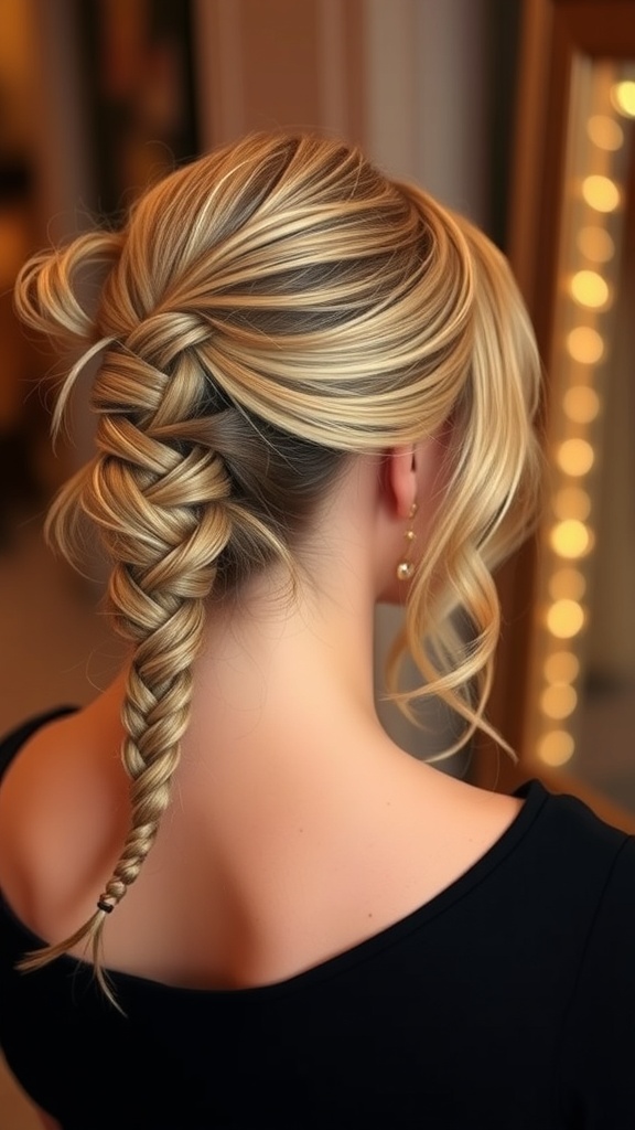 A beautiful romantic twisted ponytail hairstyle with loose strands framing the face.