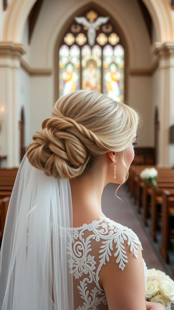 A bride with a romantic updo hairstyle and veil, standing in a church with stained glass windows.