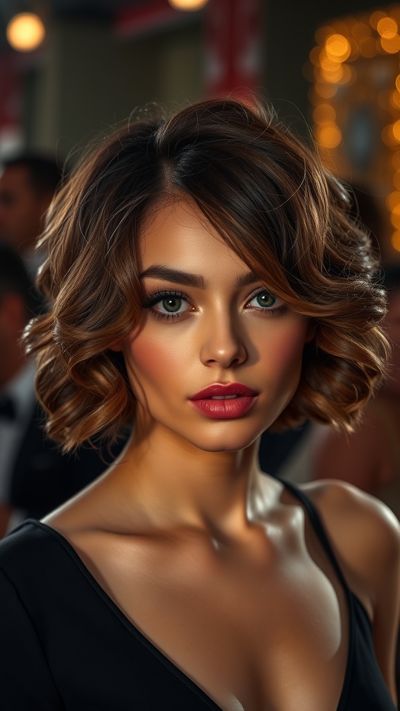 A woman with short, side-swept curls, wearing a black dress and looking confidently at the camera.