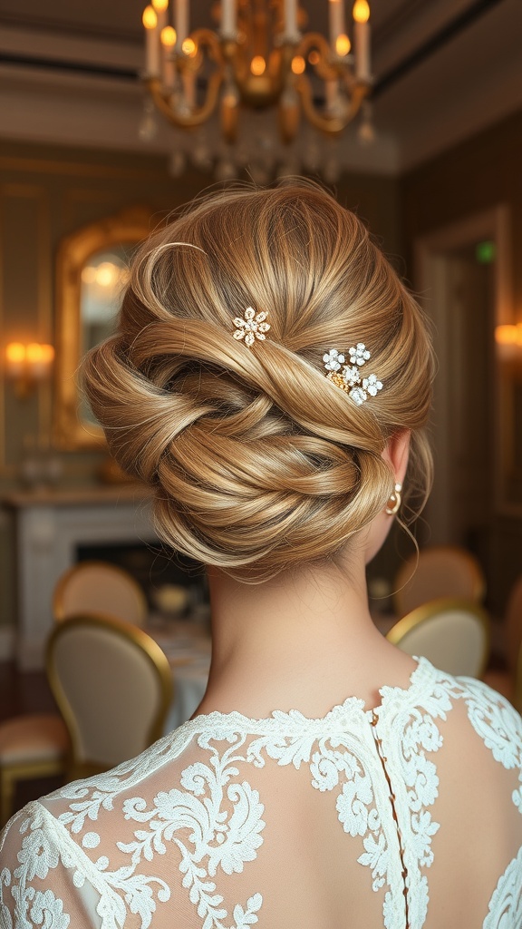 A sculptural updo hairstyle adorned with hairpins, showcasing intricate twists and a polished look.