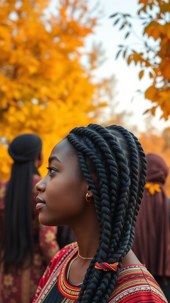 A young woman with Fulani braids stands against a backdrop of autumn leaves, showcasing her hairstyle.