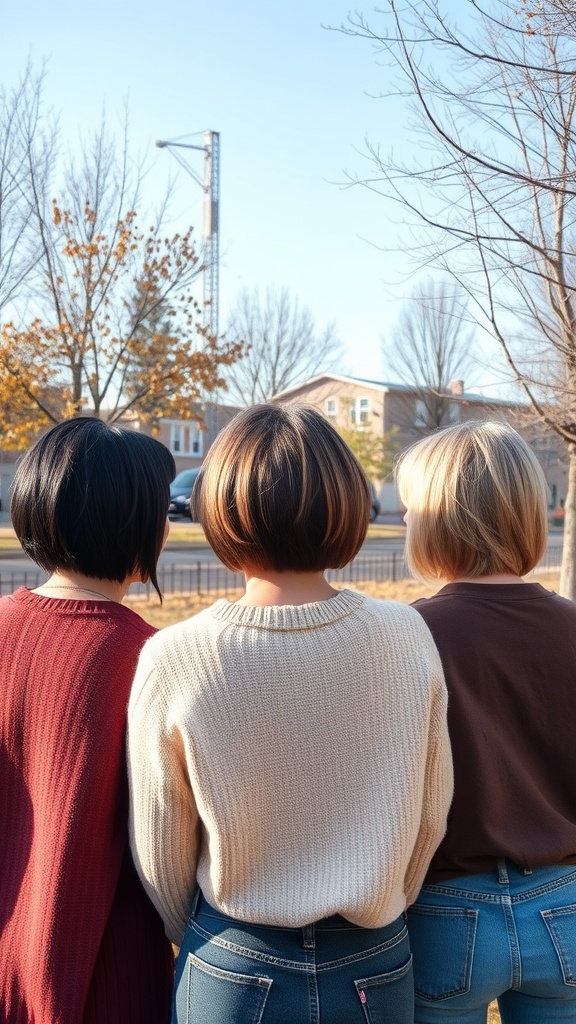 Three women with long pixie bob haircuts, each wearing different colored sweaters, standing outdoors.