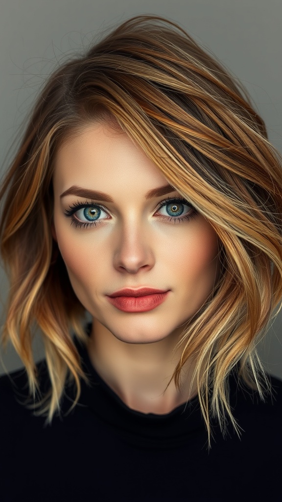 A woman with layered hair standing beside autumn leaves
