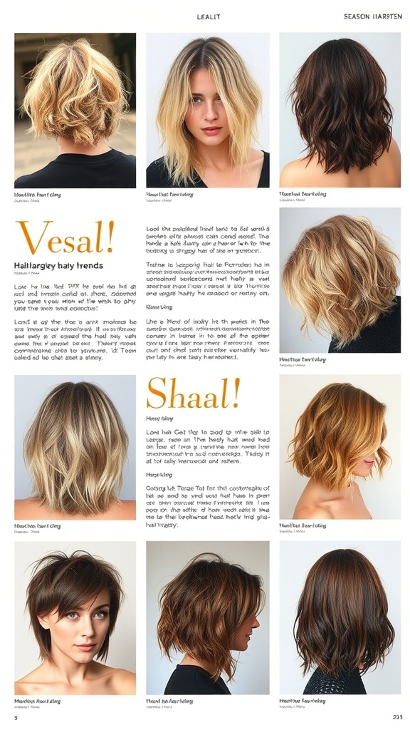 A collage of short shaggy hairstyles showcasing various textures and colors.