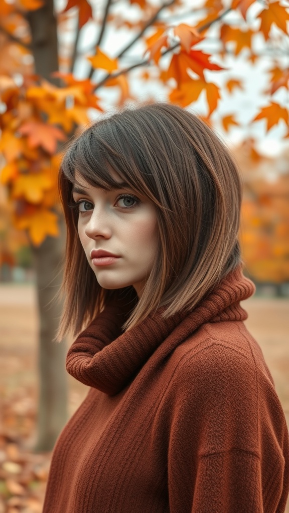 A woman with a medium shag haircut standing in front of autumn leaves.