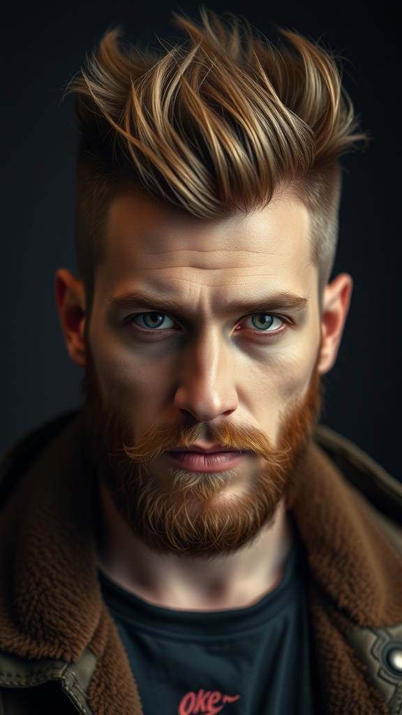 A man with a wolf cut hairstyle, featuring wolf-like ear accents, wearing a plaid scarf and a brown coat.