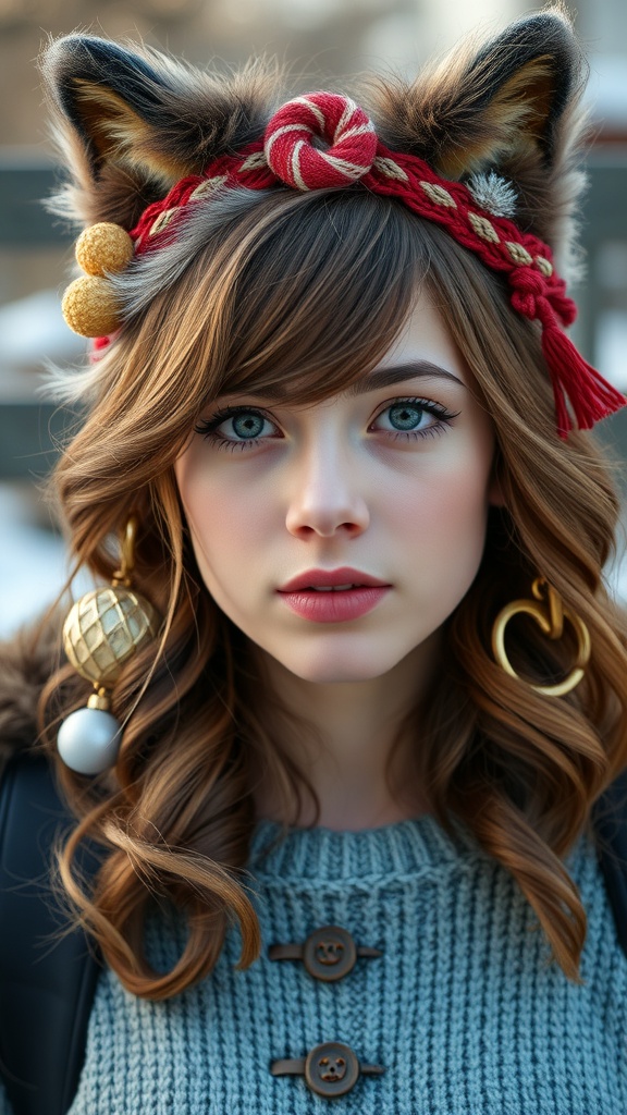 A woman with a Wavy Wolf Cut With Bangs, wearing a cozy sweater and playful accessories.