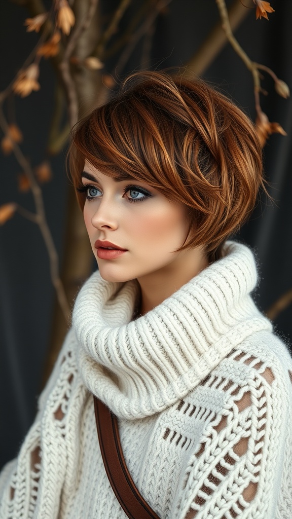 A woman with a stylish Wolf Cut and curtain bangs, wearing a cozy white sweater.