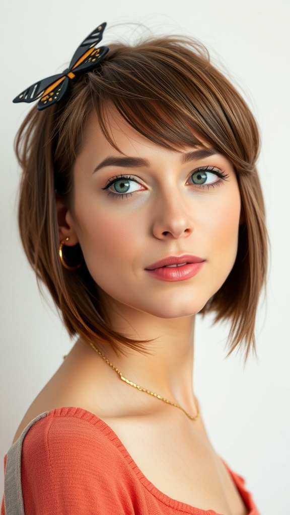 A woman with a butterfly cut short hair, wearing a butterfly hair accessory.
