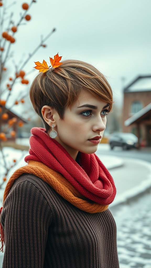A young woman with a short stacked wedge haircut, wearing a red and orange scarf, with autumn leaves in her hair.