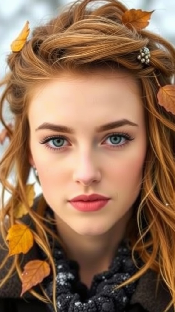 Two individuals with shag hairstyles in autumn setting, showcasing warm hair tones against a snowy background.