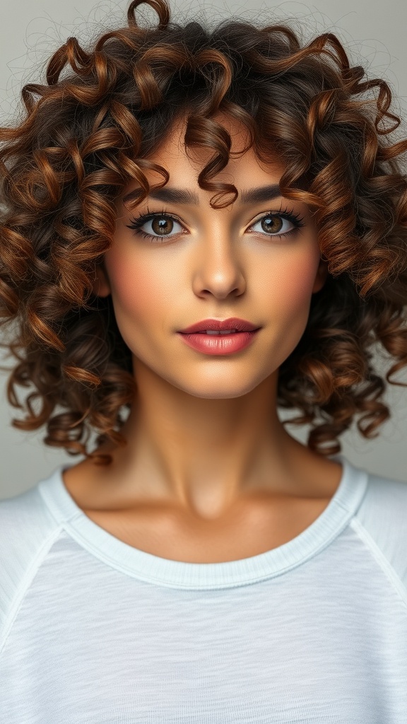 A woman with curly hair styled in a shag haircut, showcasing defined curls and layers.