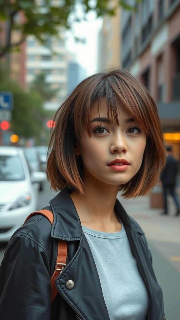 A young woman with a shaggy bob haircut, wearing a black leather jacket, standing on a city street.