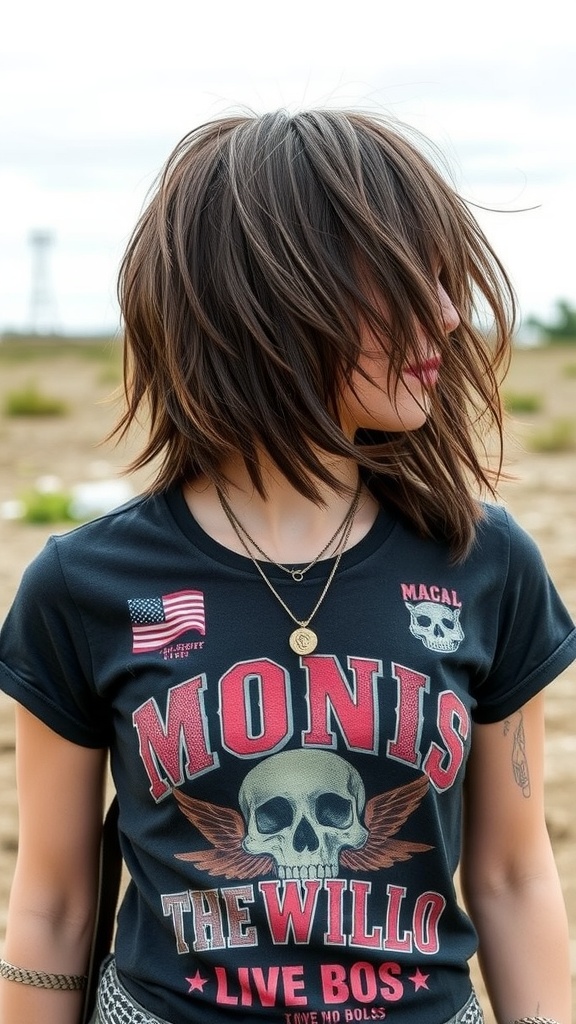 A person with a shaggy bob haircut, wearing a graphic t-shirt, with a casual and carefree look.