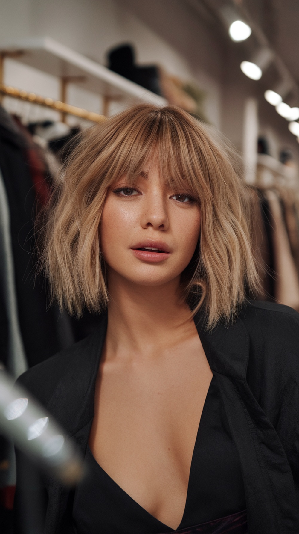 A woman with a shaggy bob hairstyle and curtain bangs, showcasing a carefree and textured look.