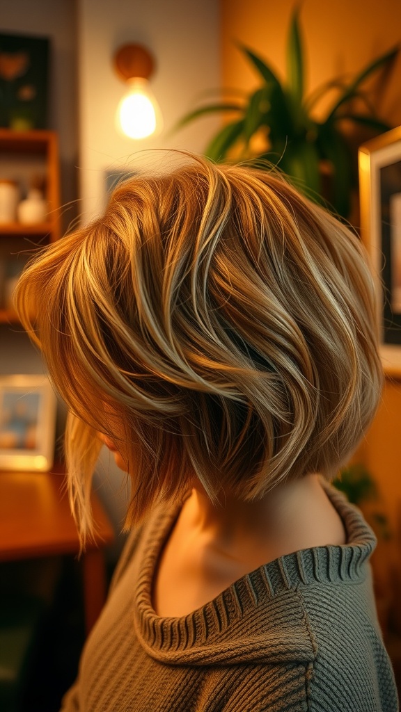 A woman with a shaggy bob hairstyle featuring soft waves, showcasing warm hair tones and layered texture.