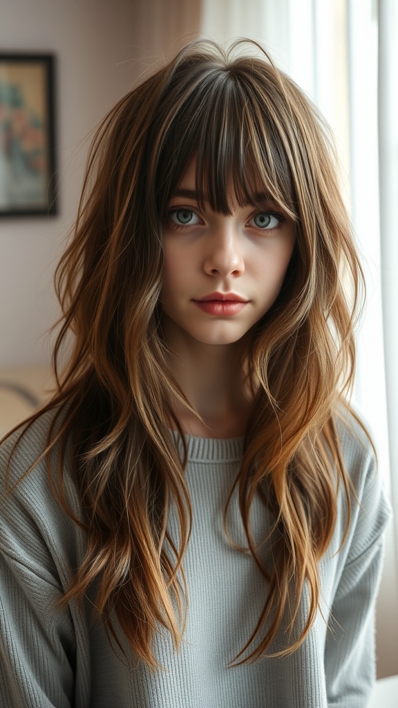 A young woman with long shaggy hair and curtain bangs, showcasing a textured hairstyle.